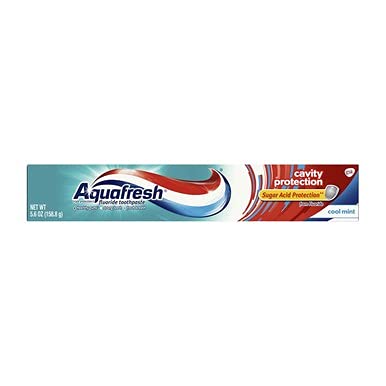 Box opened to reveal Aquafresh toothpaste tubes