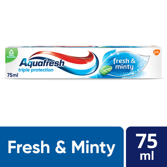 Close-up of Aquafresh toothpaste on a toothbrush