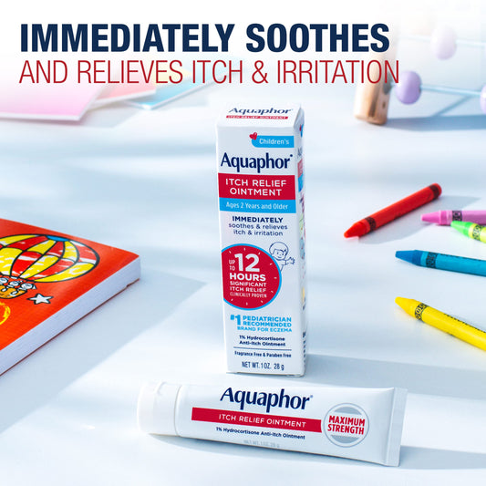 Aquaphor Children's Itch Relief Ointment close-up showing fragrance-free formula.