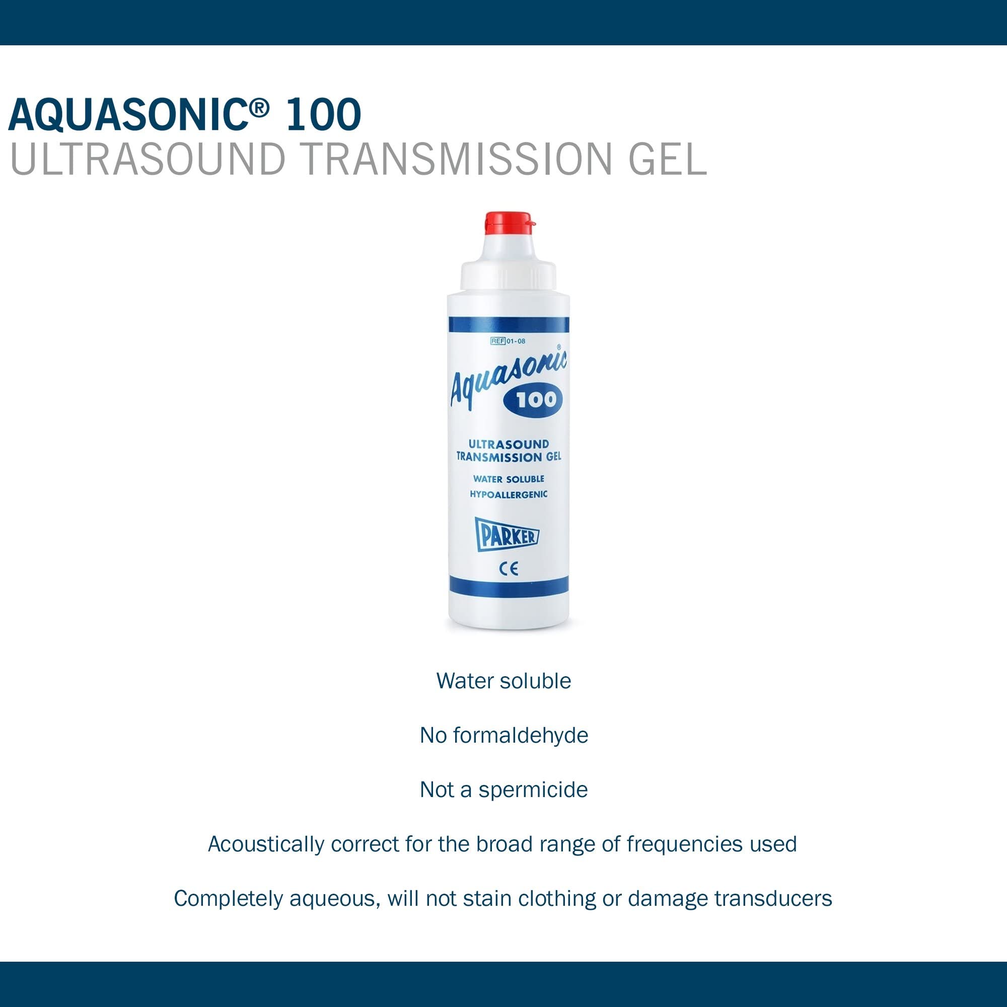 Aquasonic 100 bottle with label image emphasizing easy-to-read packaging and hypoallergenic formulation