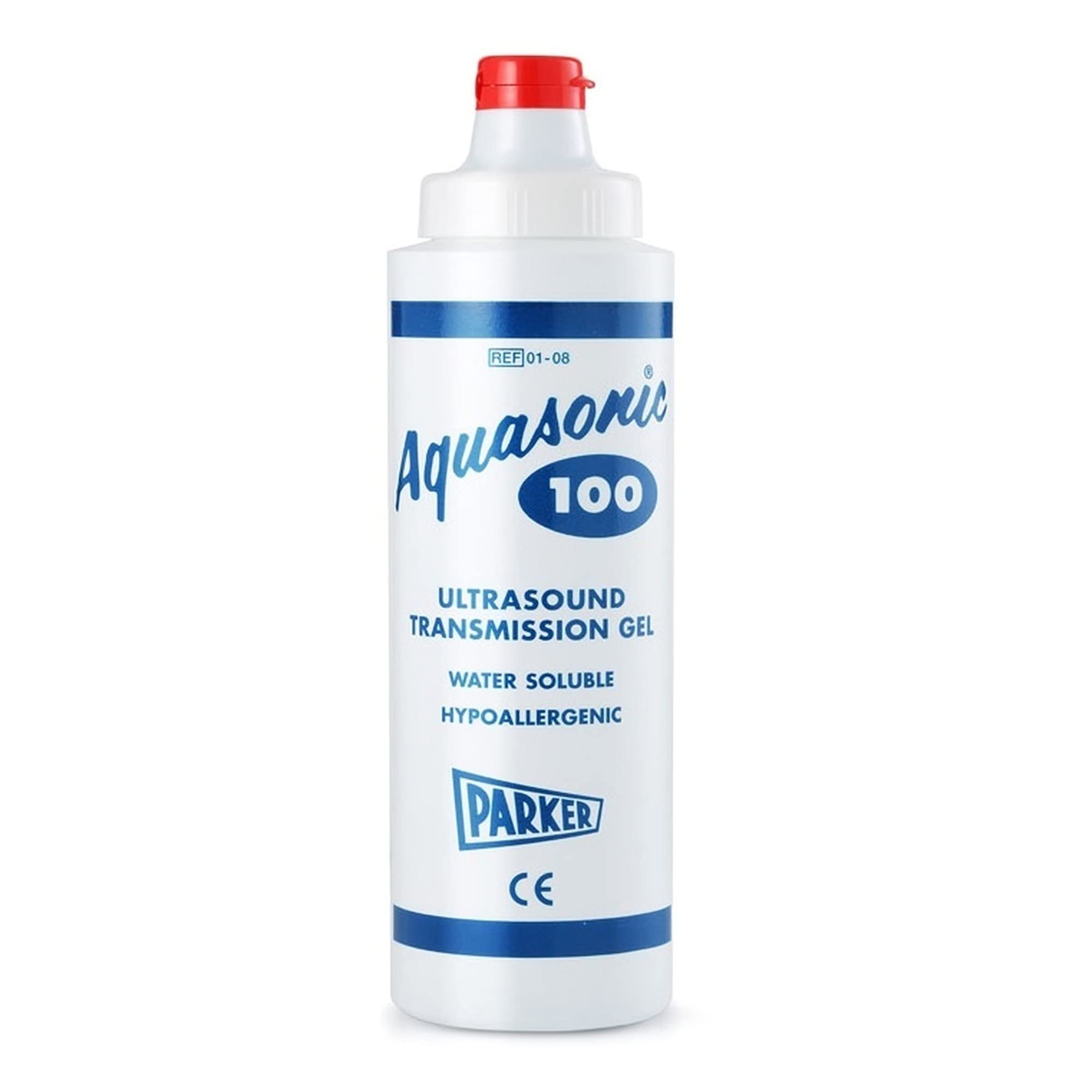 Aquasonic 100 ultrasound gel bottle closeup showing non-staining formula for clean transducer use