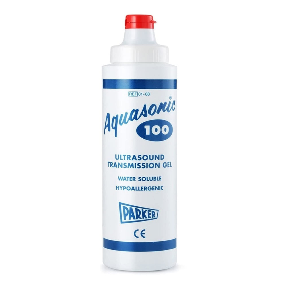 Aquasonic 100 ultrasound gel bottle closeup showing non-staining formula for clean transducer use