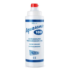 Aquasonic 100 ultrasound gel bottle closeup showing non-staining formula for clean transducer use