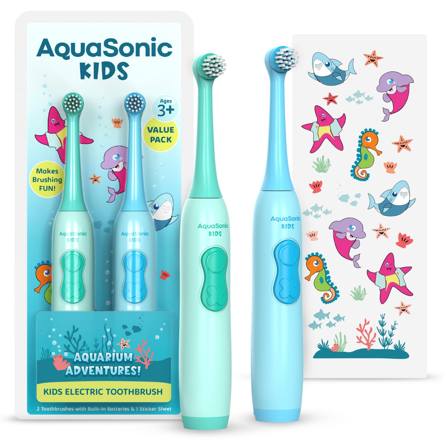 Two Aquasonic Kids Electric Toothbrushes in Aquarium Adventures theme