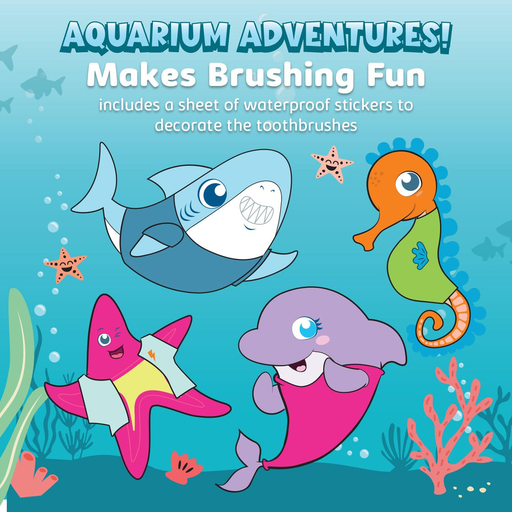 Sticker sheet featuring Rocco the Starfish, Ziggy the Seahorse, Ruby the Dolphin, and Leo the Shark