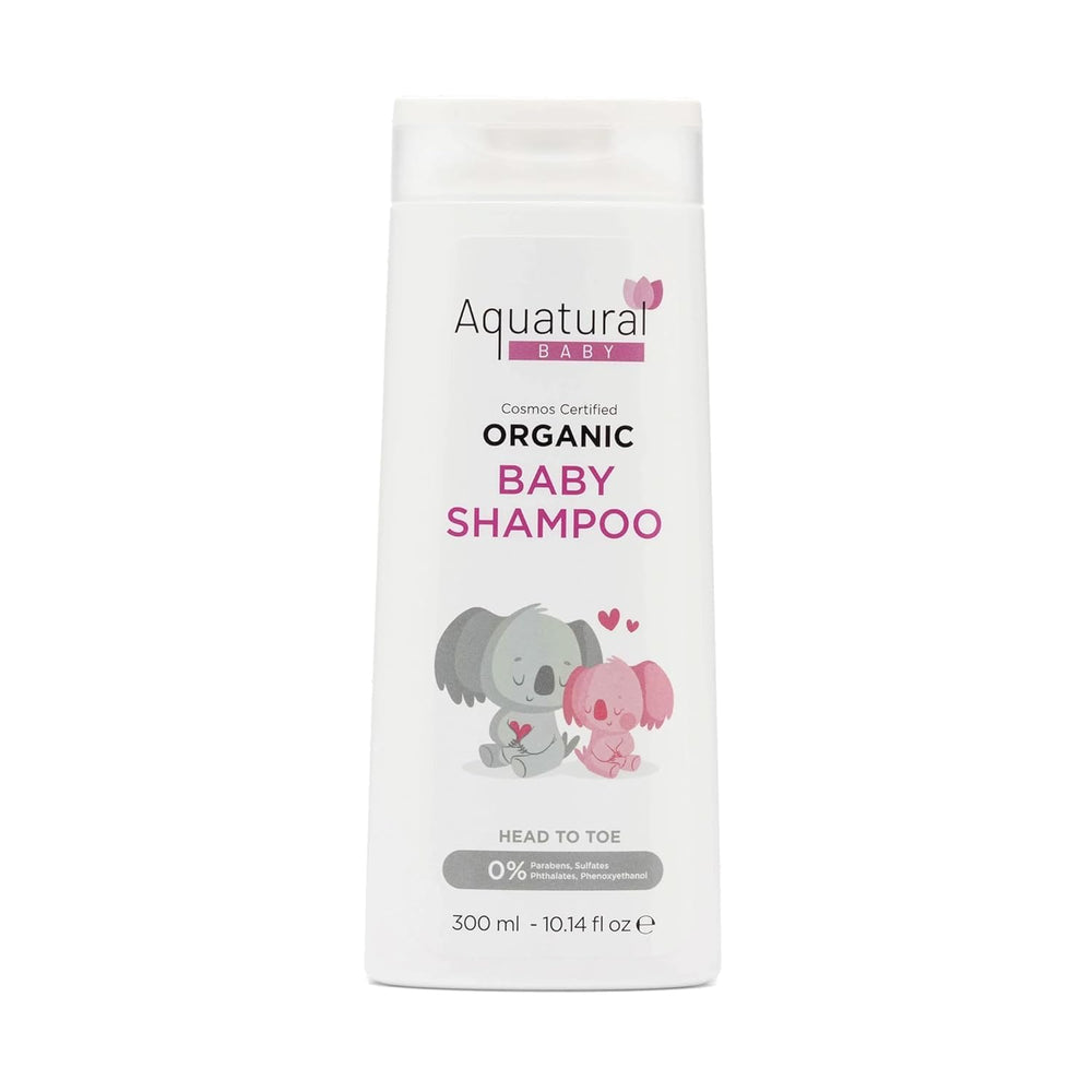 Aquatural Organic Baby Shampoo bottle shows gentle, plant-based cleansing for sensitive skin.