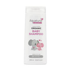 Aquatural Organic Baby Shampoo bottle shows gentle, plant-based cleansing for sensitive skin.