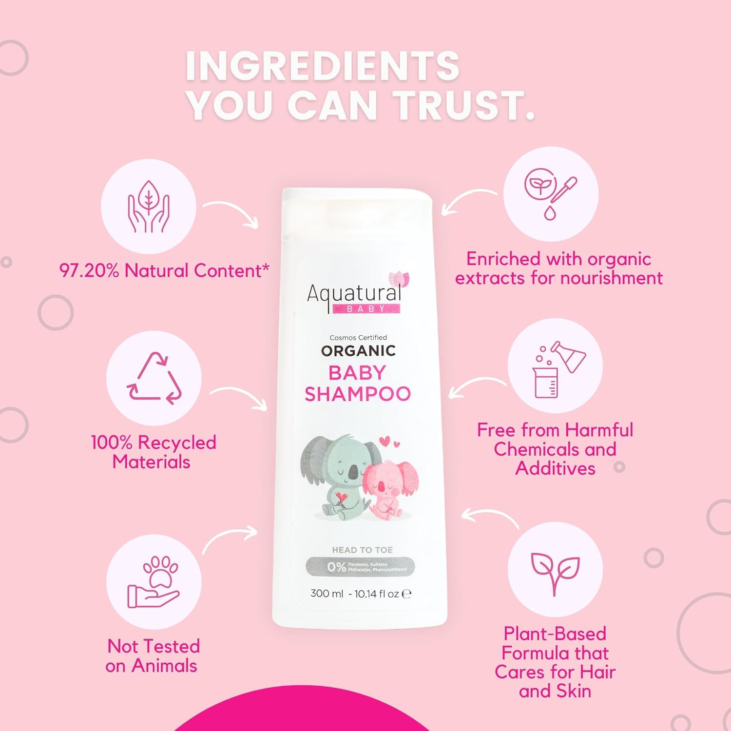 Aquatural bottle with creamy lather signaling gentle cleansing for hair.