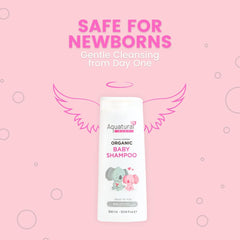 Toddler bath time scene using Aquatural shampoo for soft hair.