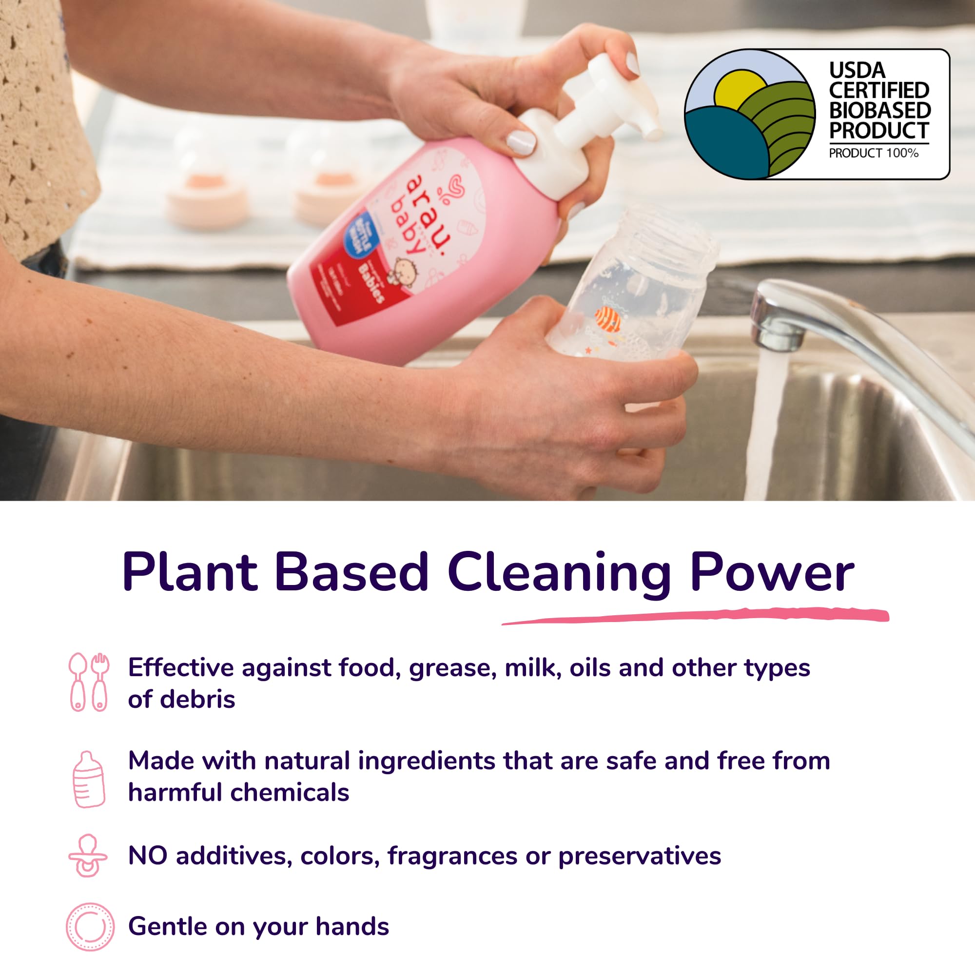 Baby bottles, pacifiers, and toys being washed with plant-based formula