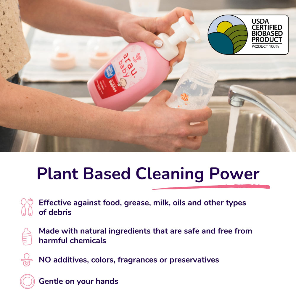Baby bottles, pacifiers, and toys being washed with plant-based formula