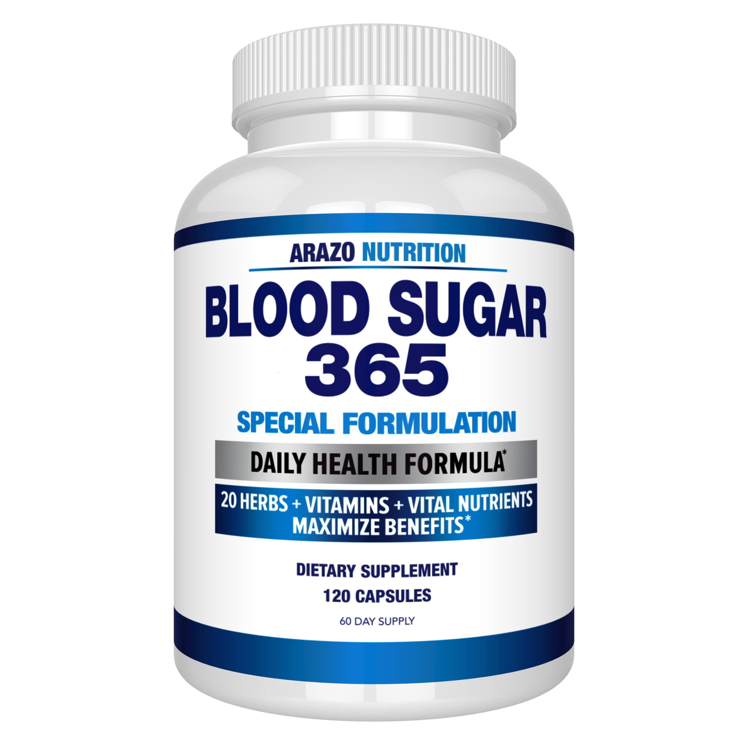 Arazo Blood Sugar 365 bottle with 120 vegetarian capsules on a white background