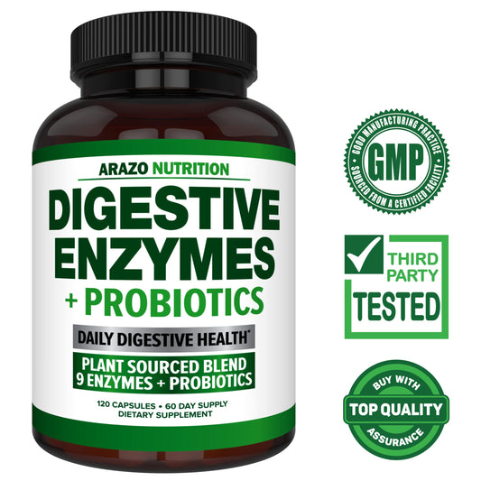Ingredients panel showing probiotic enzymes in Arazo Digestive Enzymes