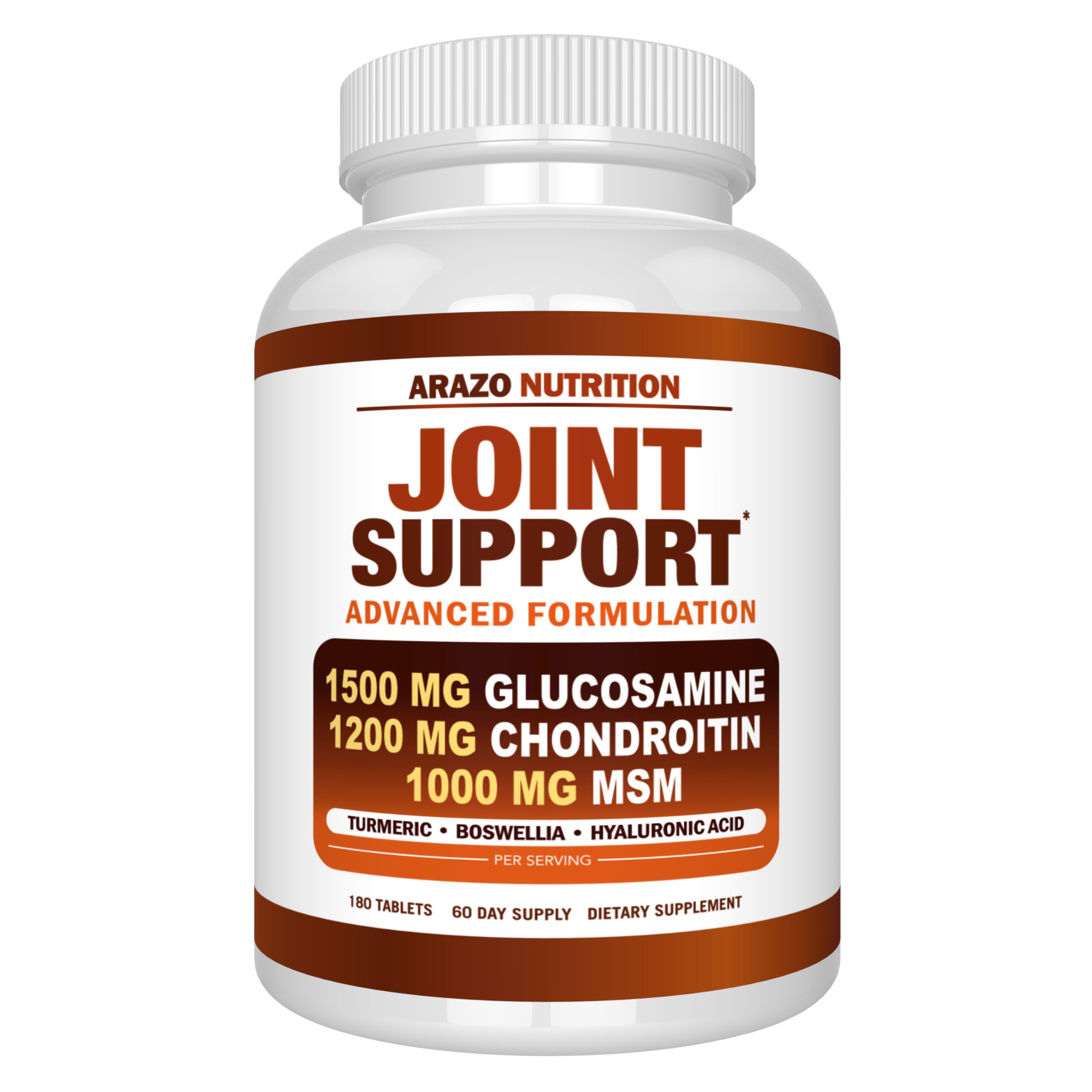 Product front view of Arazo Nutrition joint support bottle with 180 tablets
