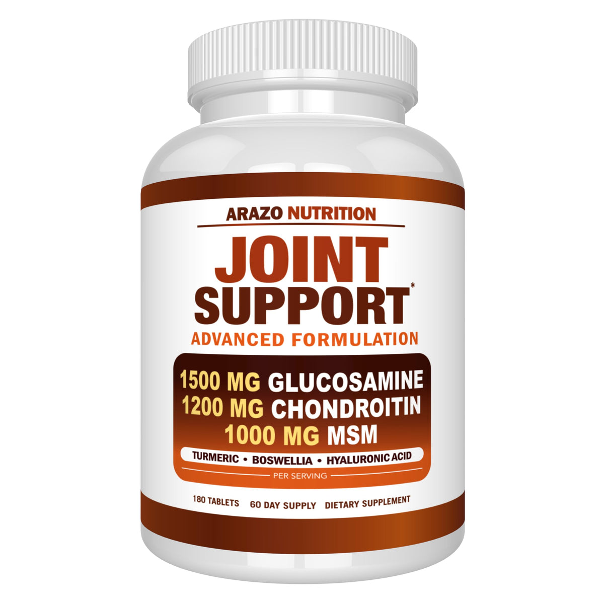 Product front view of Arazo Nutrition joint support bottle with 180 tablets