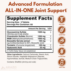 Label highlighting Glucosamine 1500mg and Chondroitin 1200mg on Arazo Nutrition bottle
