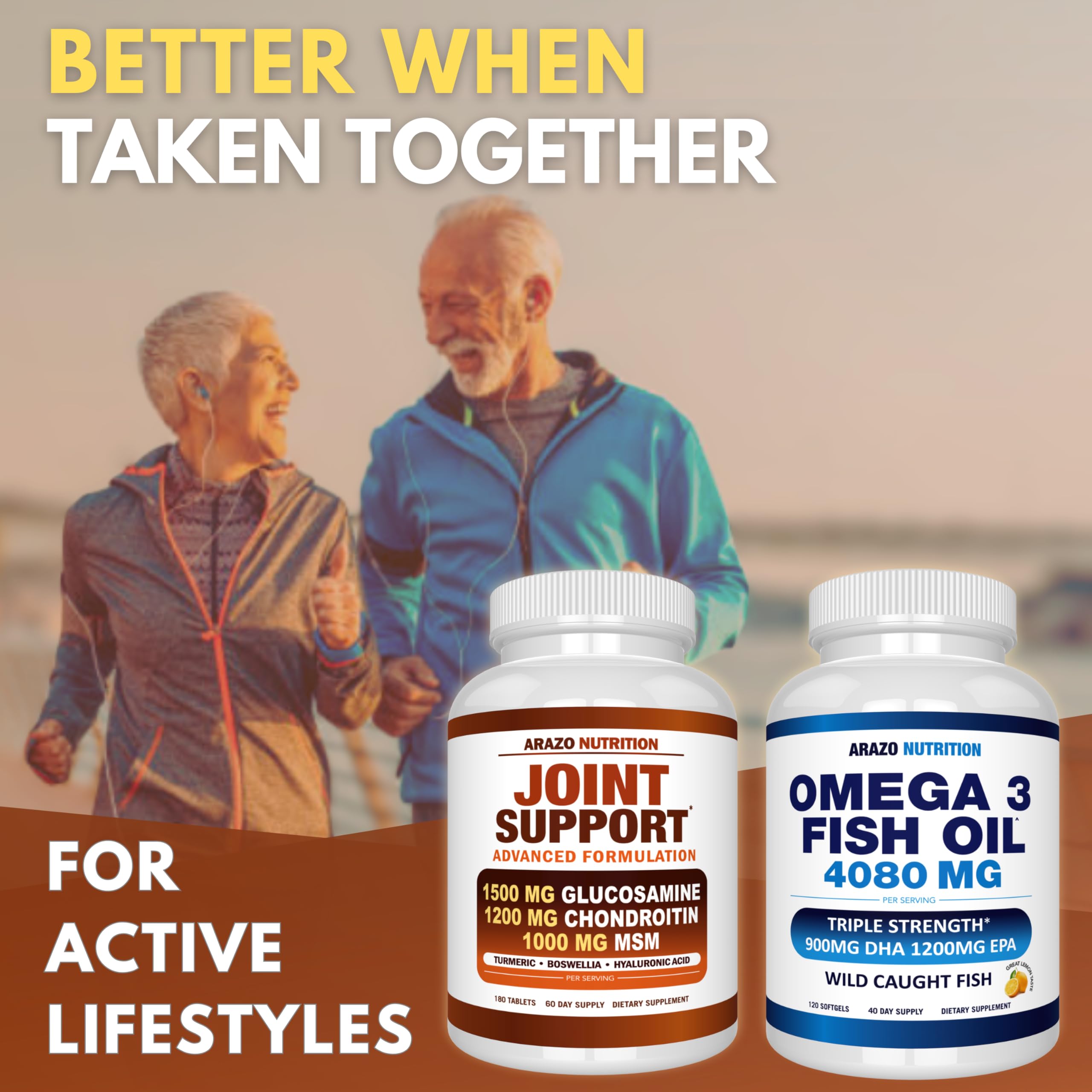 Graphic showing key ingredients: Glucosamine, Chondroitin, Turmeric, Boswellia