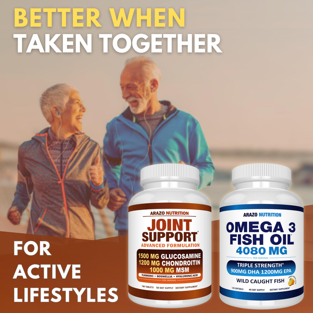 Graphic showing key ingredients: Glucosamine, Chondroitin, Turmeric, Boswellia