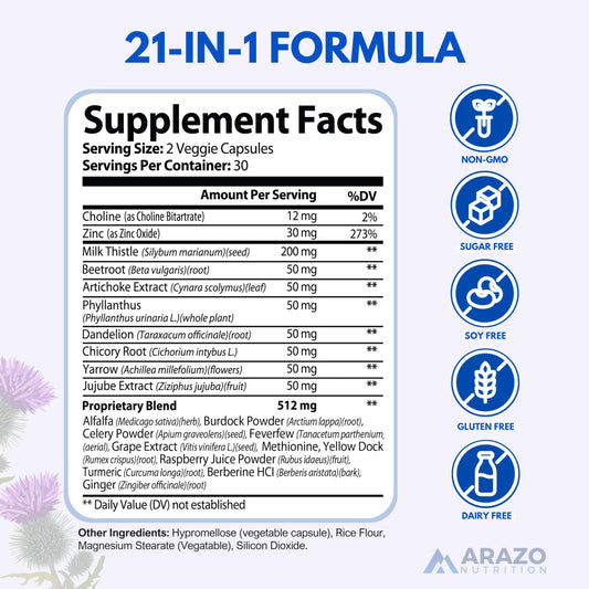 Herbal ingredients including milk thistle and artichoke for liver support