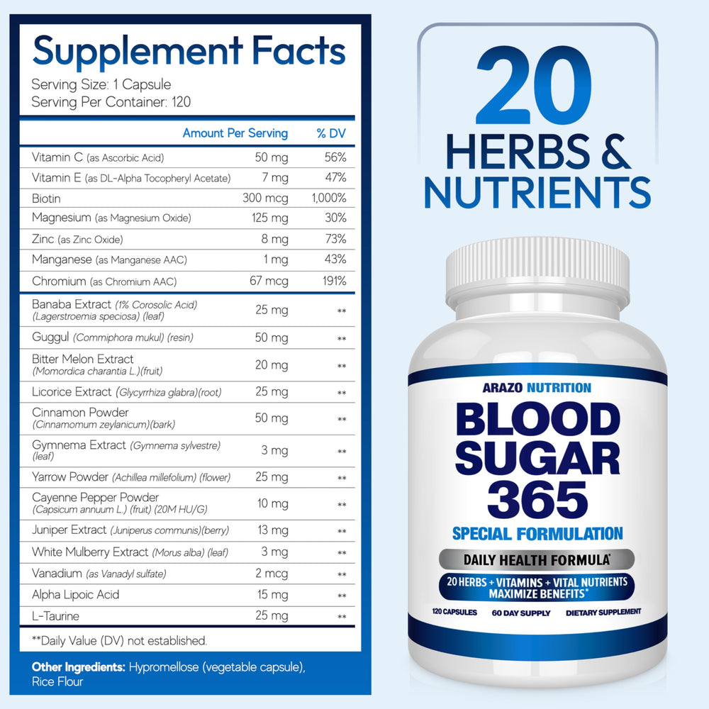 Arazo Nutrition Blood Sugar 365 capsules close-up highlighting vegetarian pills for energy management