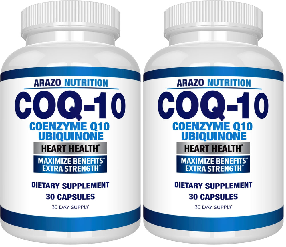 Front view of Arazo Nutrition CoQ10 200mg capsules in Pack of 2