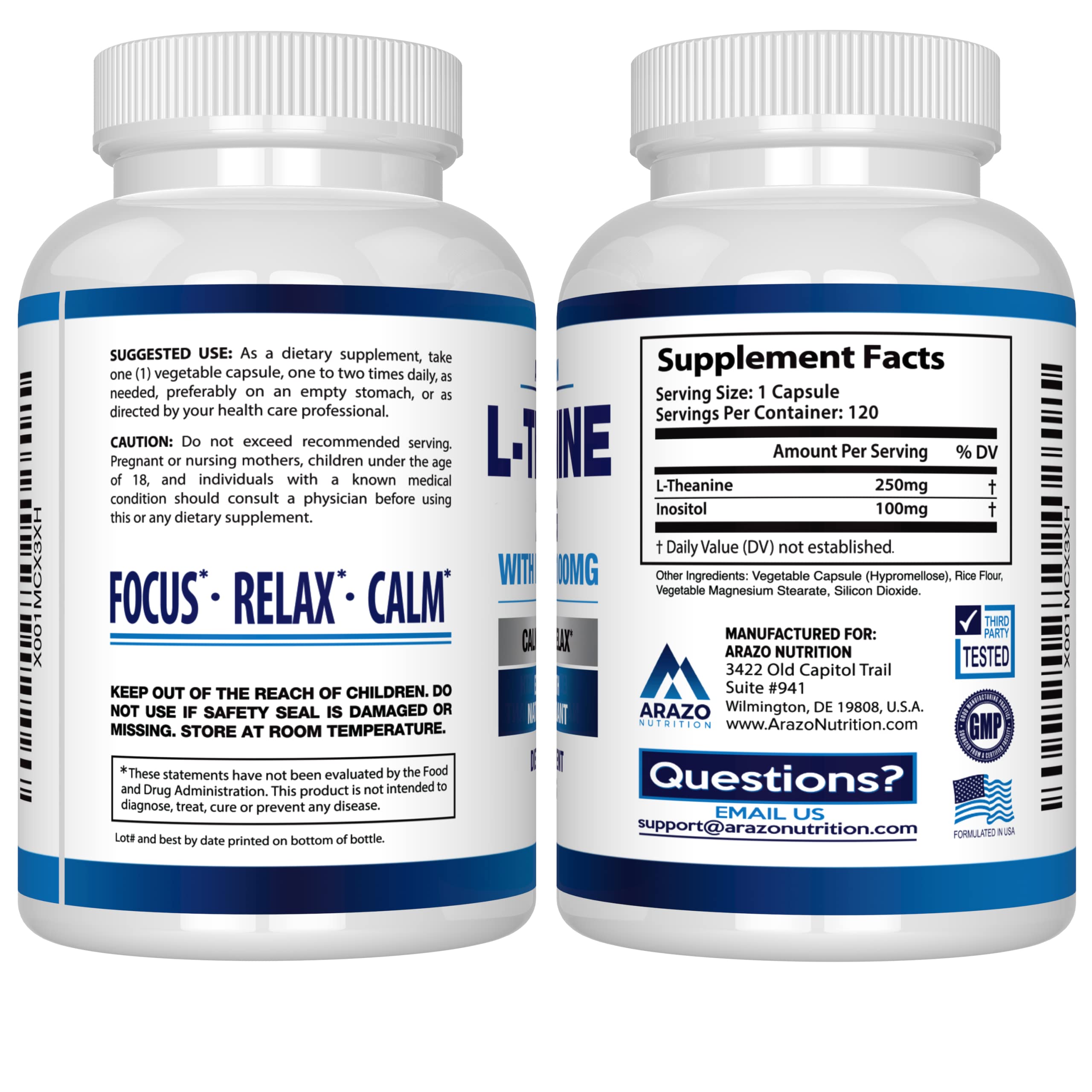 Product label showing L-Theanine 250mg and Inositol 100mg per capsule
