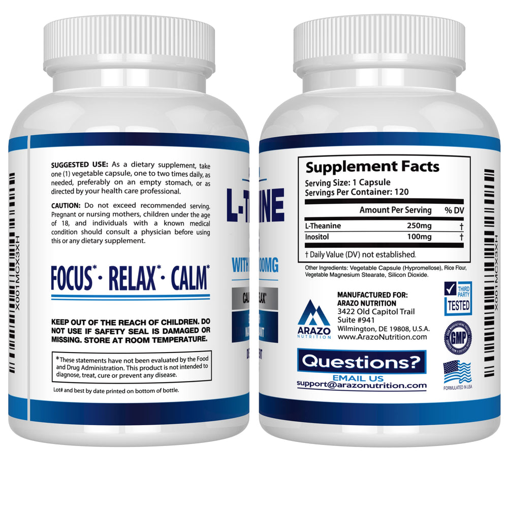 Product label showing L-Theanine 250mg and Inositol 100mg per capsule