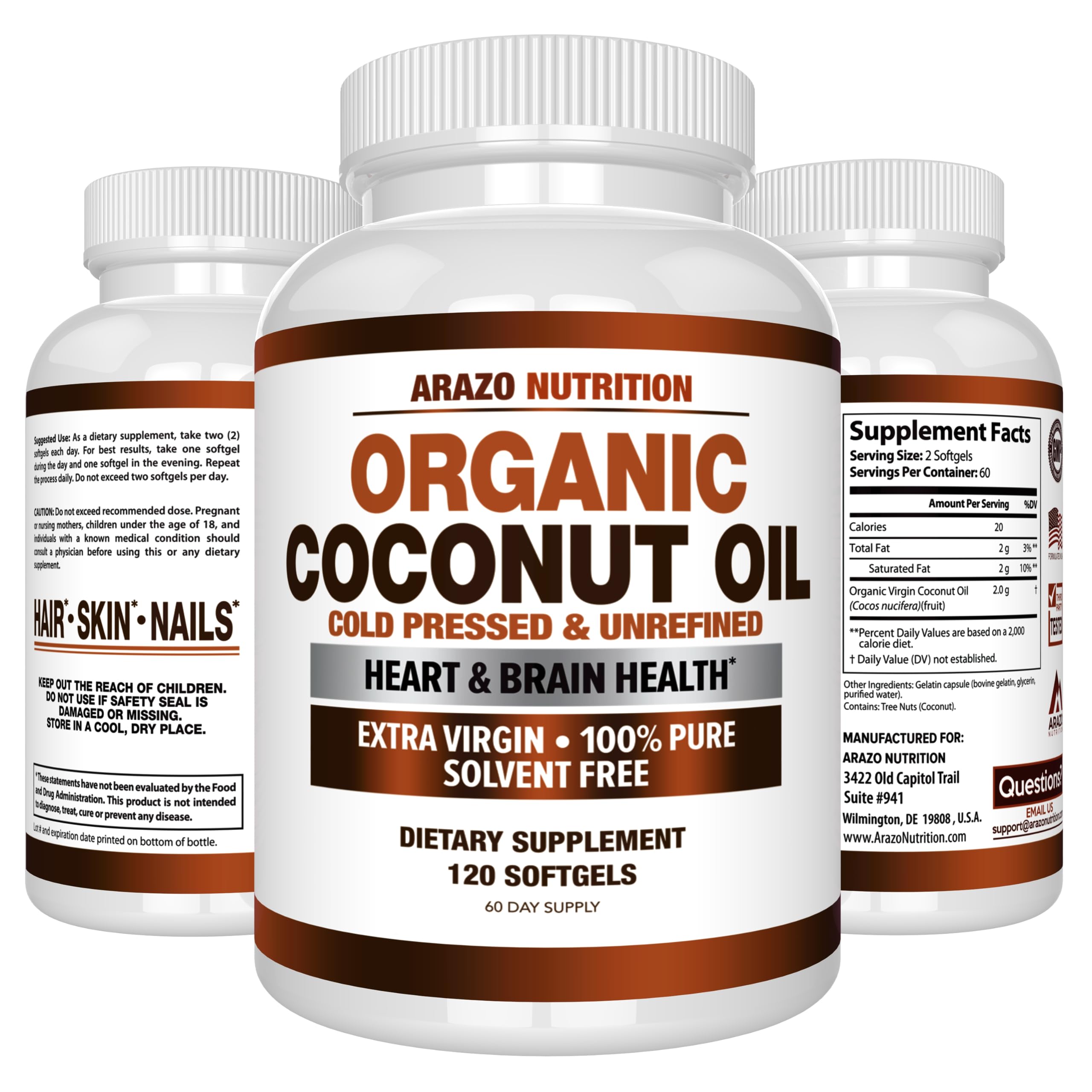 Packaging label showing organic extra virgin coconut oil 2000 MG