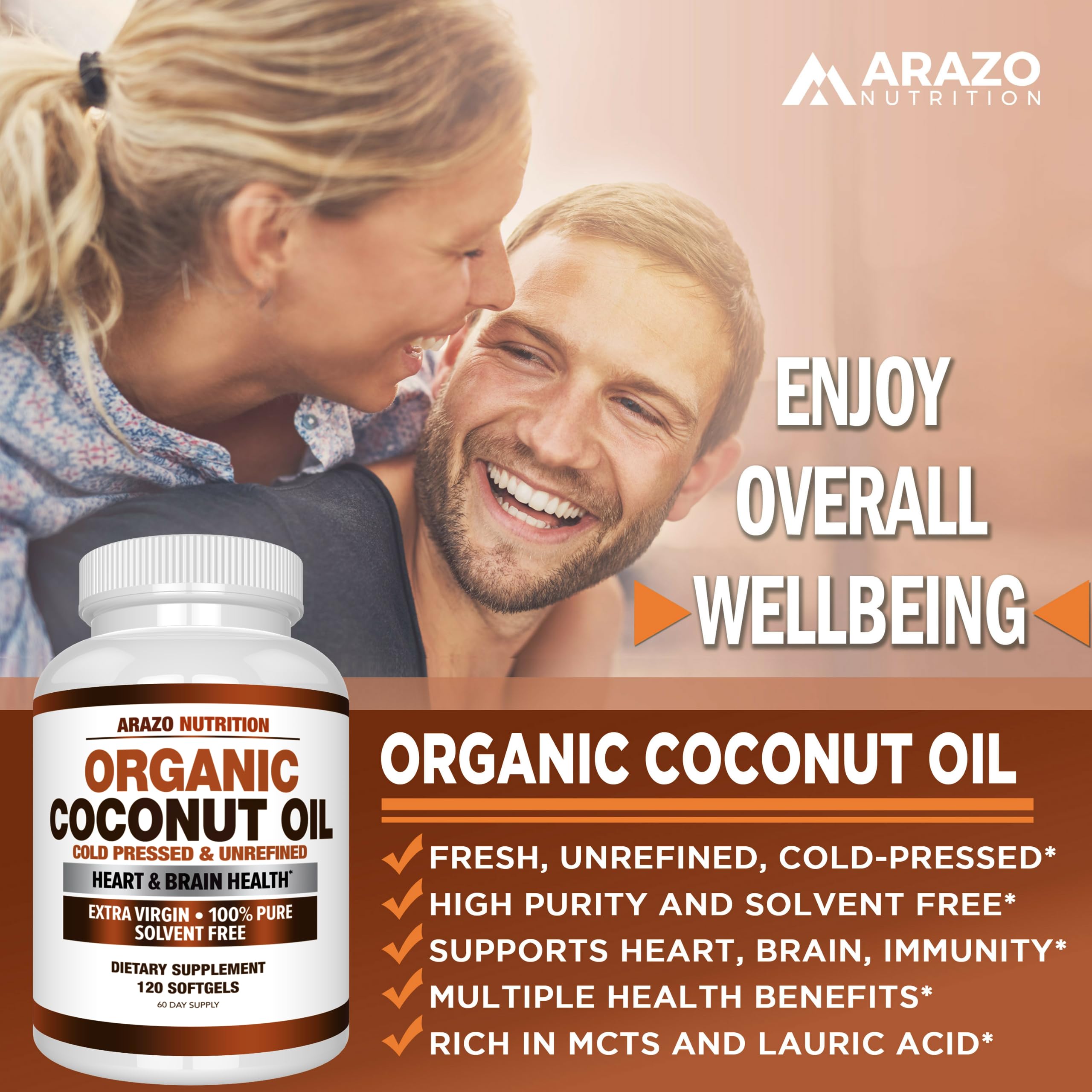 Close-up of softgels from Arazo Nutrition Organic Coconut Oil 2000 MG