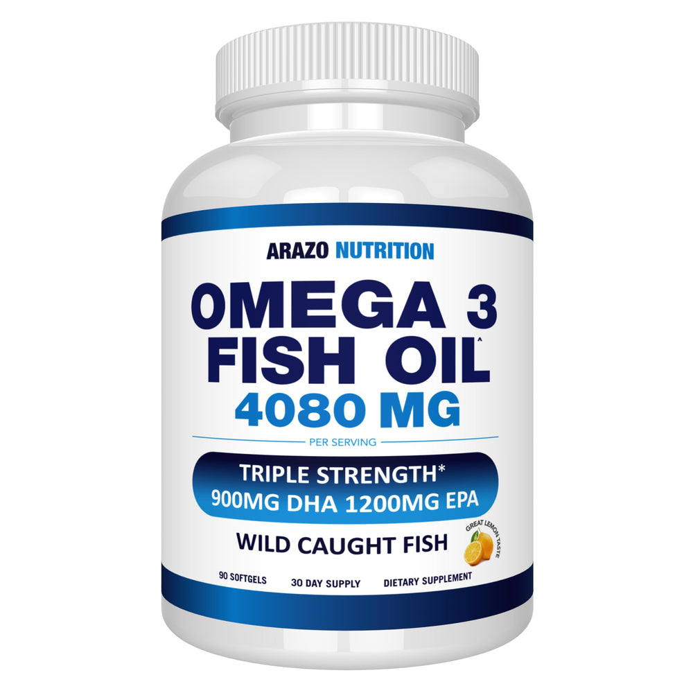 Front view of Arazo Nutrition Wild Caught Omega-3 Fish Oil 90 softgels lemon flavor