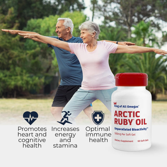 Close-up of Arctic Ruby Oil omega-3 softgels