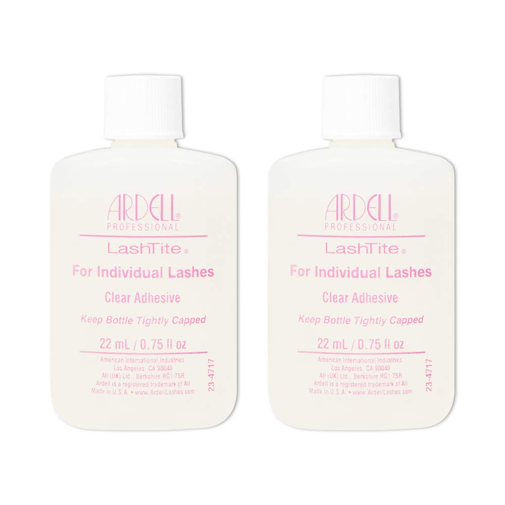 Ardell LashTite adhesive clear bottle close-up, fast-drying and gentle for sensitive eyes.