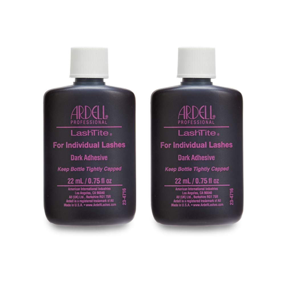 Ardell LashTite adhesive bottle close-up showing fast-drying, dark formula.