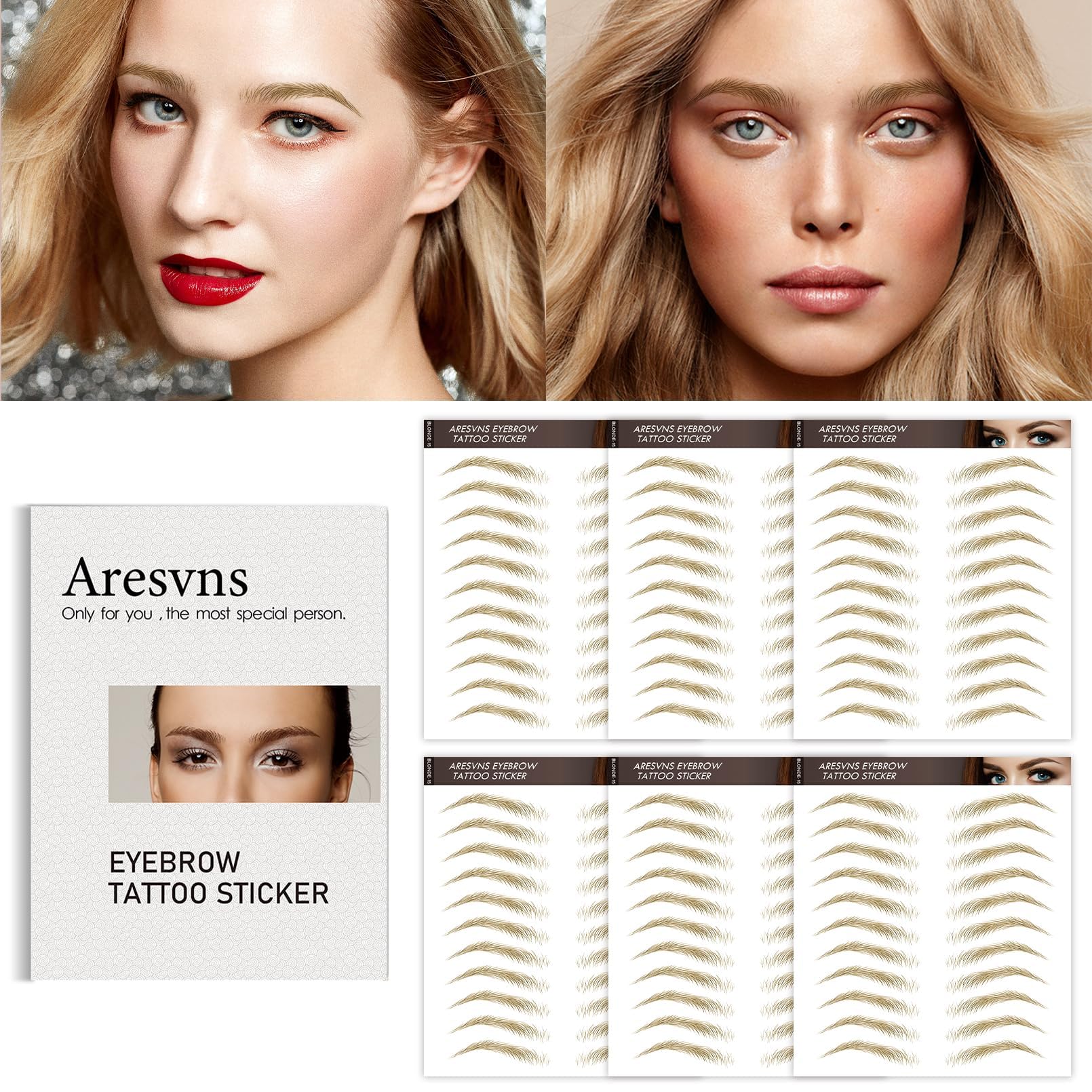 Aresvns Six Sheets Eyebrow Tattoos provide easy shape options.