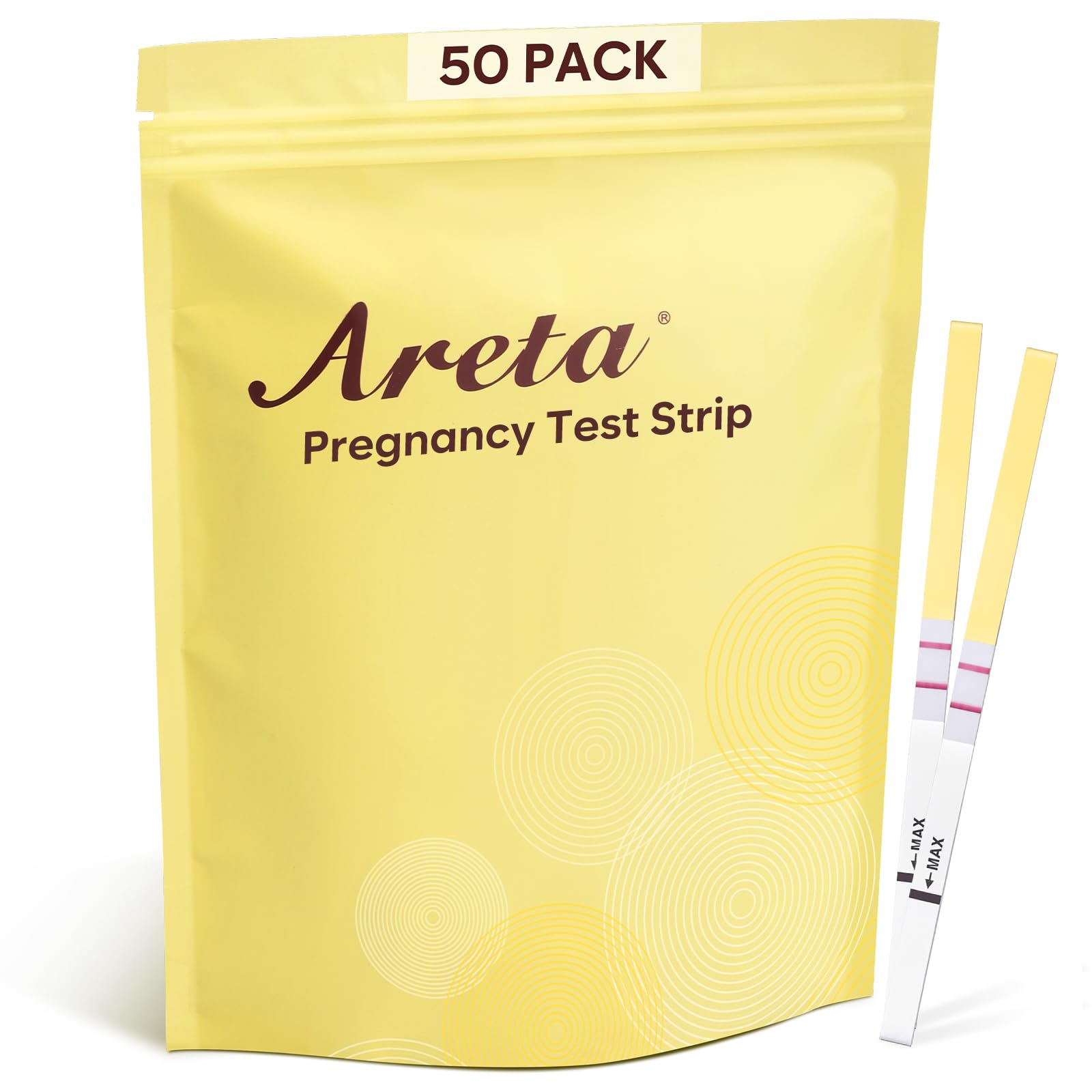 Areta 50-pack pregnancy test strips packaging and branding