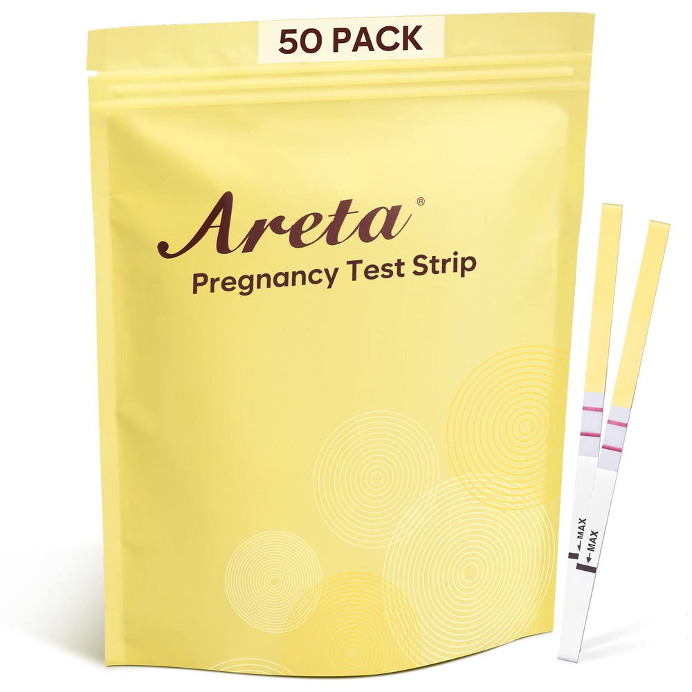 Areta 50-pack pregnancy test strips packaging and branding