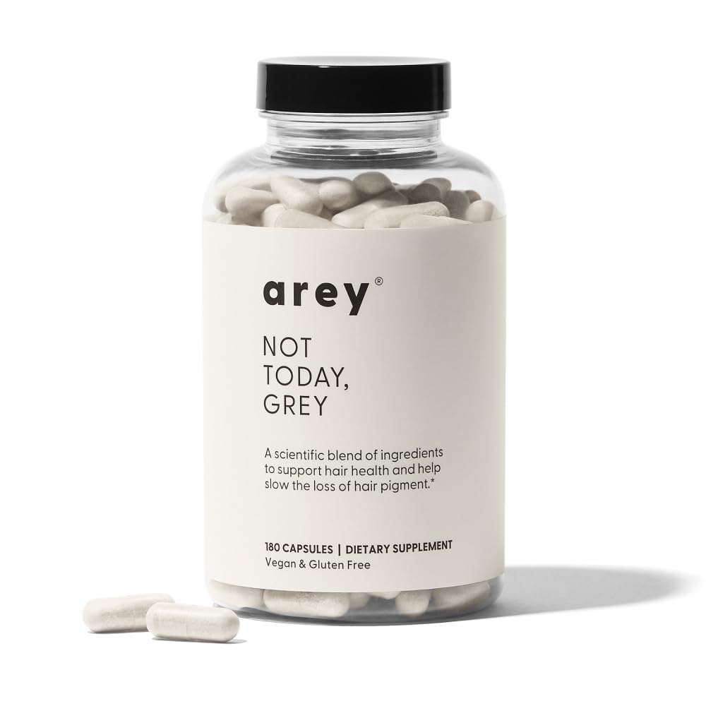Bottle front view of Arey Not Today Grey Hair Supplement