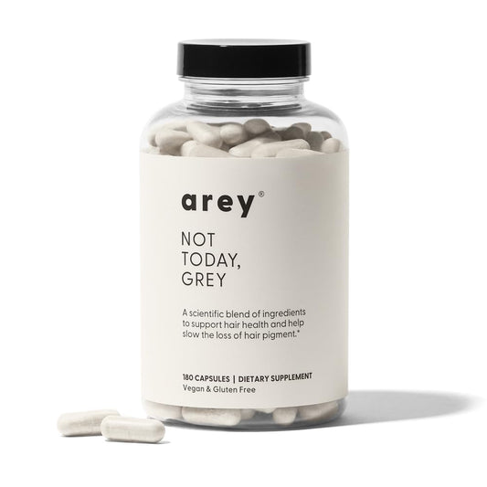 Bottle front view of Arey Not Today Grey Hair Supplement