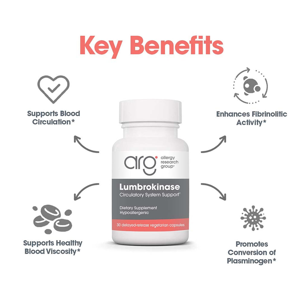ARG Lumbrokinase dosage instruction card outlines two-capsule daily guidance.