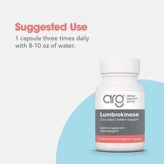 ARG Lumbrokinase packaging box highlights gluten-free and non-GMO features.