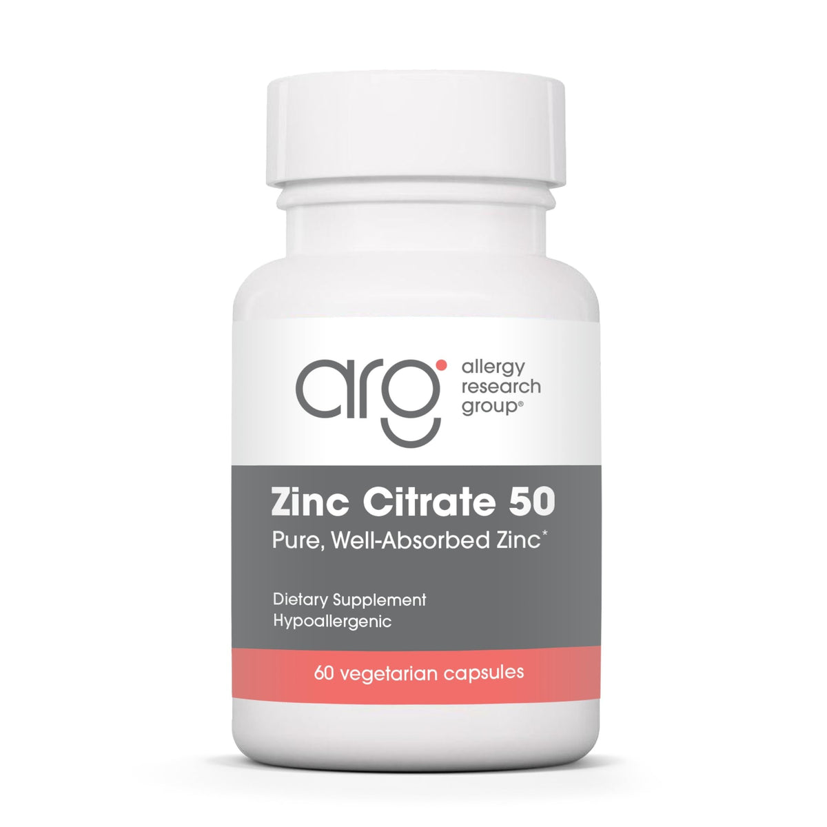 Bottle of Allergy Research Group Zinc Citrate 50 mg – 60 vegetarian capsules