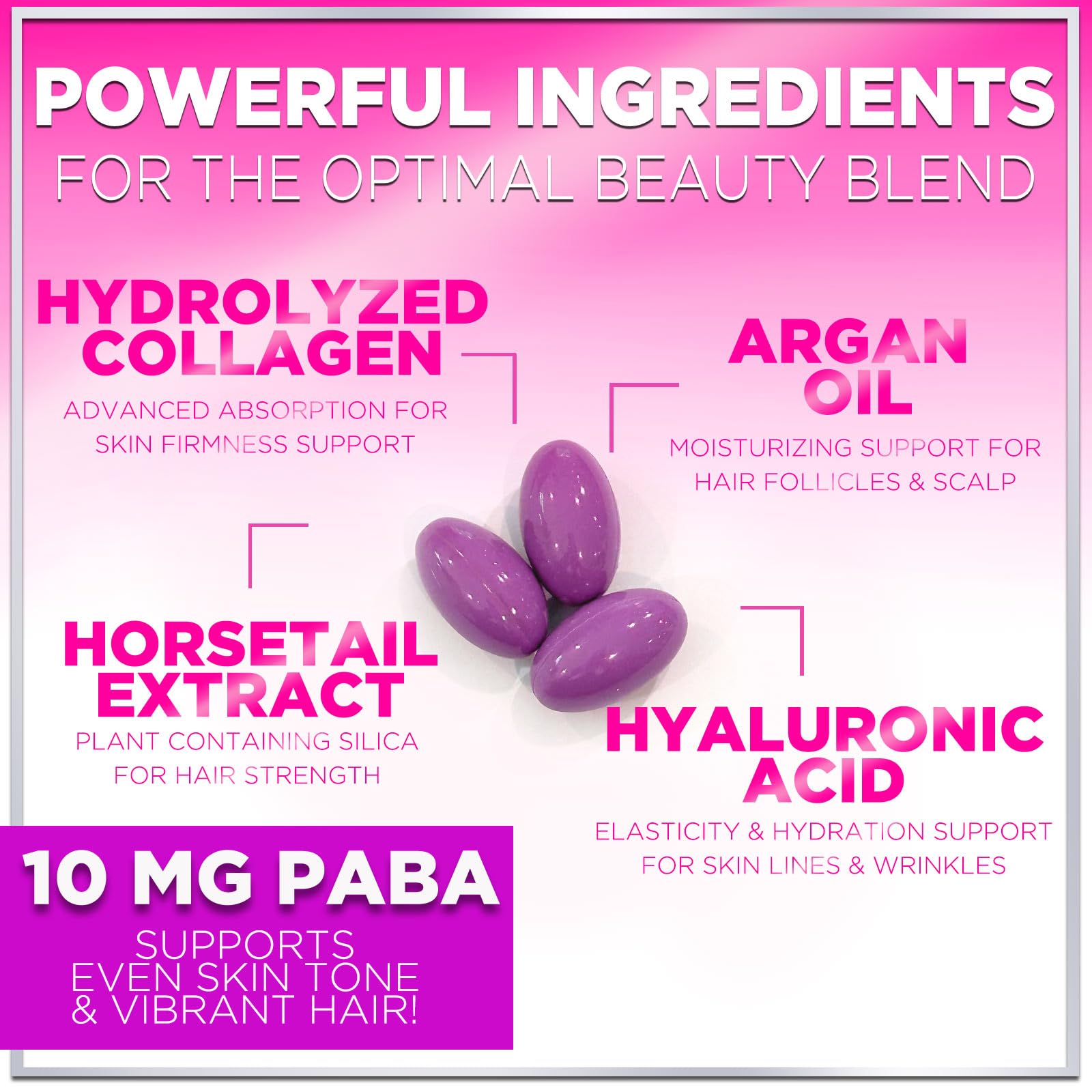 Illustration of ingredients: Argan Oil, Collagen and Hyaluronic Acid