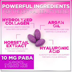 Illustration of ingredients: Argan Oil, Collagen and Hyaluronic Acid