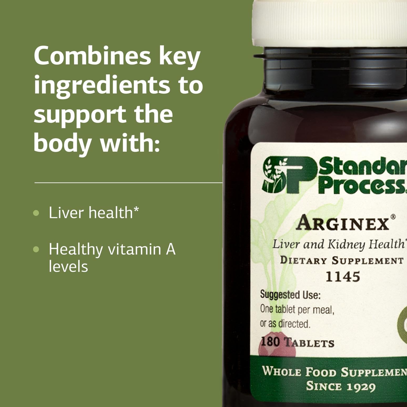 Front view of Arginex Standard Process bottle packaging