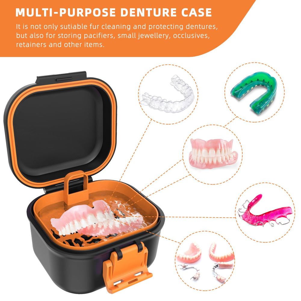 Denture bath cup showing draining basket