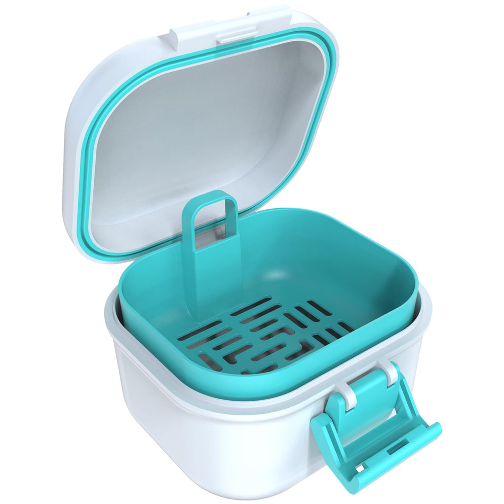 ARGOMAX Leak Proof Denture Bath Cup in white and cyan, closed