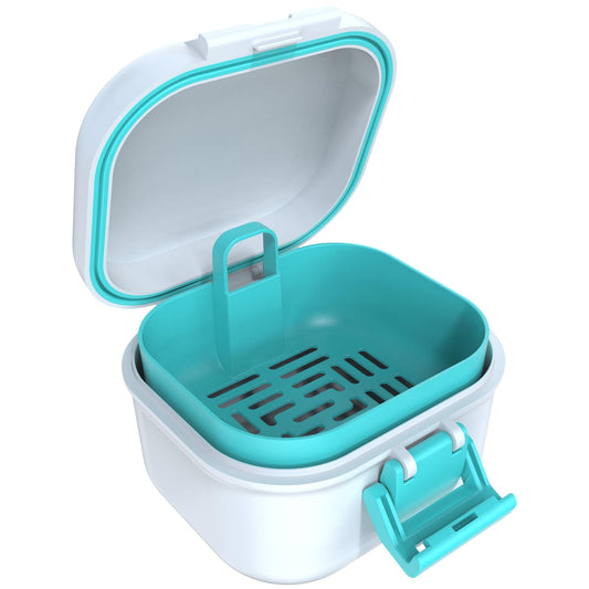 ARGOMAX Leak Proof Denture Bath Cup in white and cyan, closed
