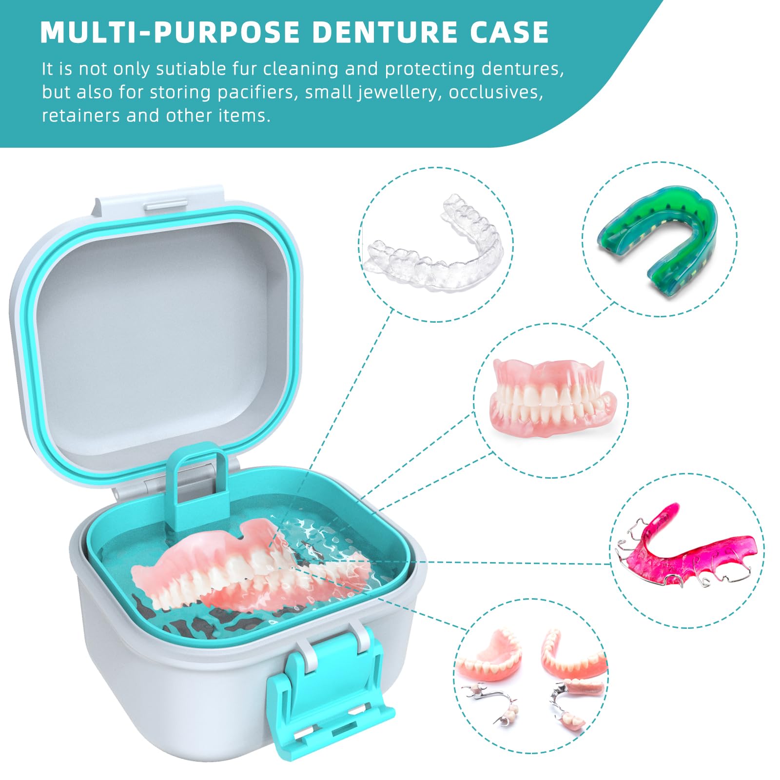 Draining basket included in denture bath box for easy denture removal