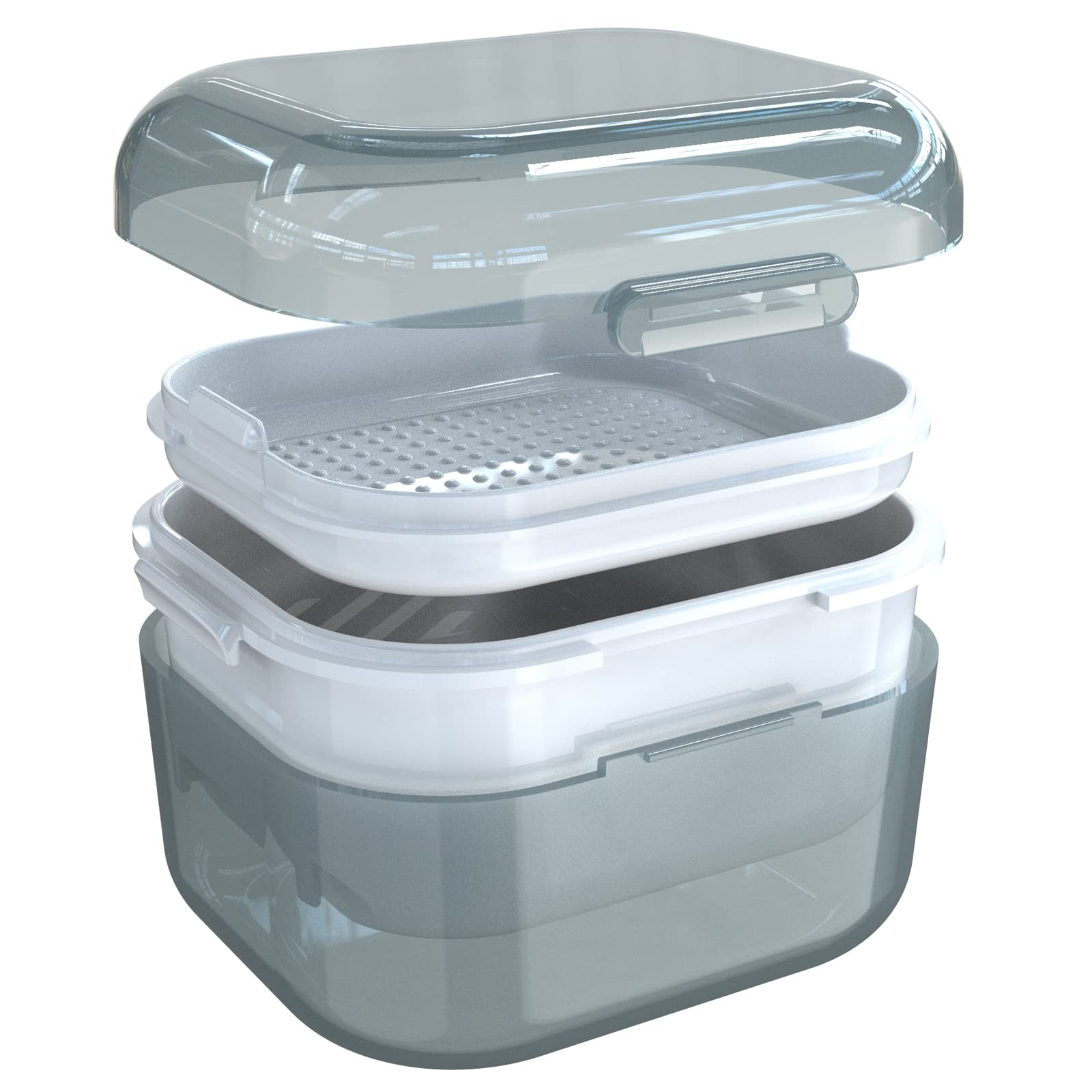 Built-in strainer and tray inside denture cup