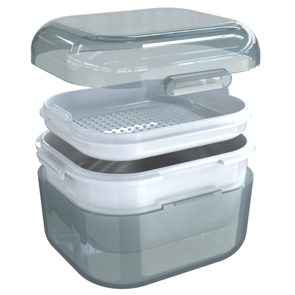 Built-in strainer and tray inside denture cup